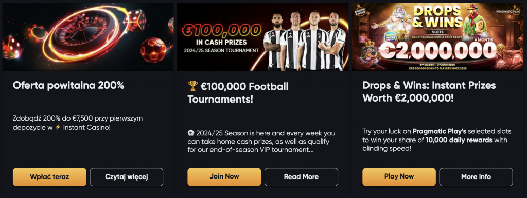 Instant Casino bonus powitalny za rejestrację